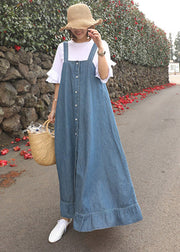 Beautiful Blue Ruffled Button Spaghetti Strap Long Dress Sleeveless