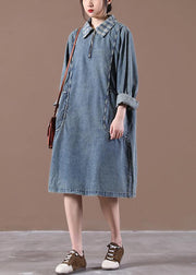 Beautiful Blue Tunics For Women Collar Long Spring Dress - SooLinen