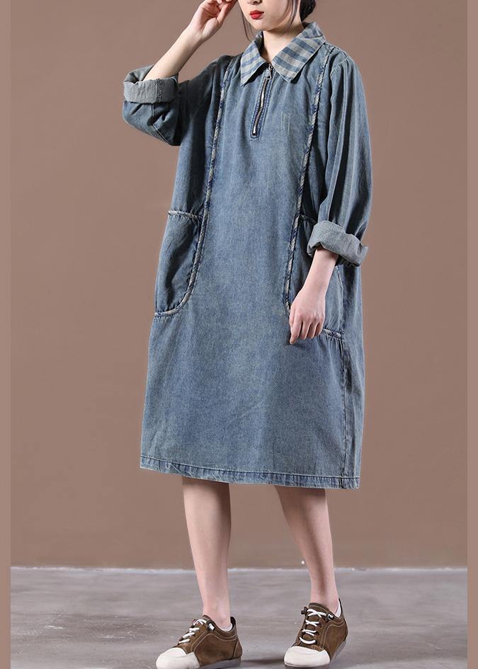 Beautiful Blue Tunics For Women Collar Long Spring Dress - SooLinen