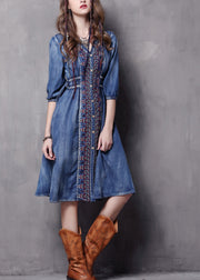 Beautiful Blue V Neck Embroideried Cotton Vacation Denim Dresses Half Sleeve