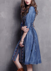 Beautiful Blue V Neck Embroideried Cotton Vacation Denim Dresses Half Sleeve