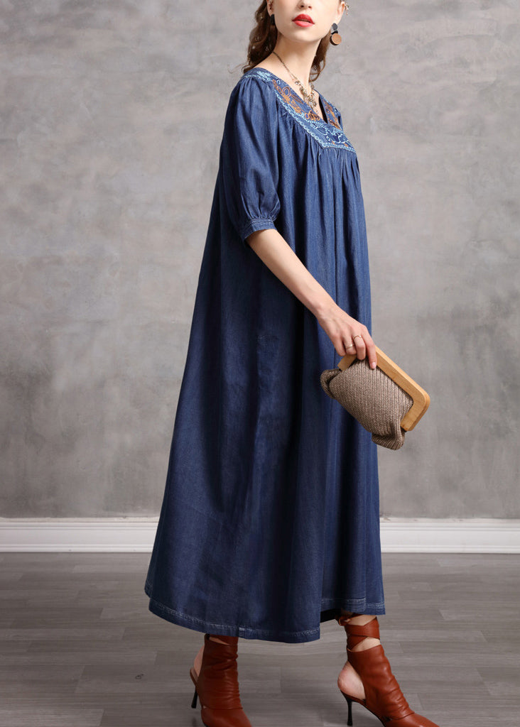 Beautiful Blue V Neck Embroideried Exra Large Hem Cotton Vacation Dresses Half Sleeve