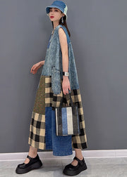 Beautiful Blue V Neck Pockets Patchwork Plaid Cotton Denim Long Dresses Sleeveless