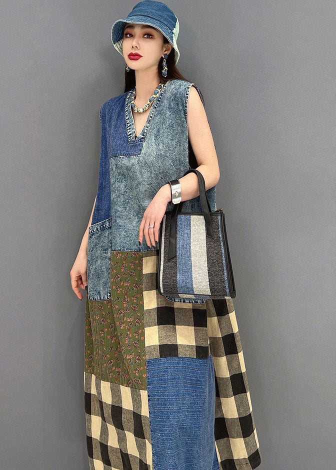 Beautiful Blue V Neck Pockets Patchwork Plaid Cotton Denim Long Dresses Sleeveless