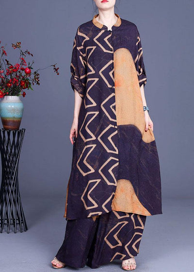 Beautiful Blue Yellow Print Button long shirts Wide Leg Two Pieces Set - SooLinen