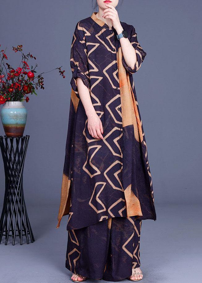 Beautiful Blue Yellow Print Button long shirts Wide Leg Two Pieces Set - SooLinen