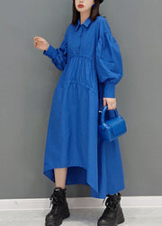 Beautiful Blue low high design Peter Pan Collar wrinkled long Dress Spring