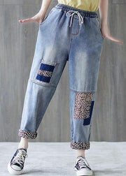 Beautiful Blue patchwork Pockets Cotton Pants Summer - SooLinen