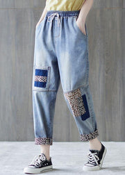 Beautiful Blue patchwork Pockets Cotton Pants Summer - SooLinen