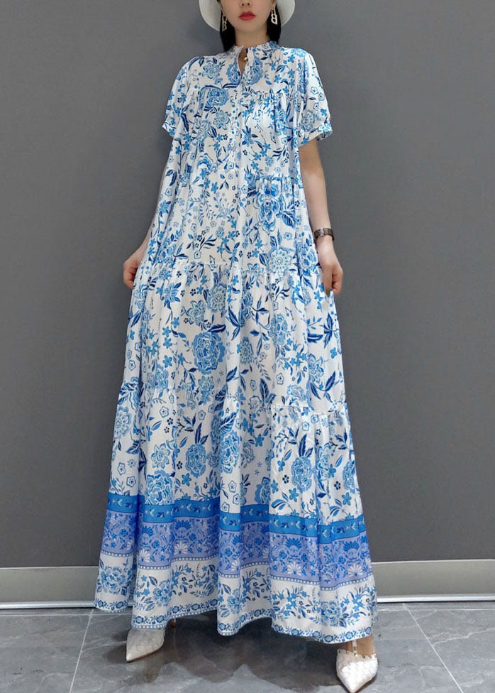 Beautiful Blue wrinkled Chiffon Long Dress Short Sleeve