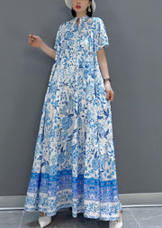 Beautiful Blue wrinkled Chiffon Long Dress Short Sleeve