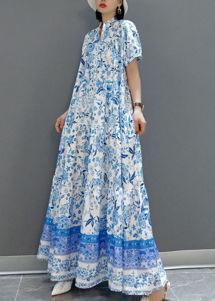 Beautiful Blue wrinkled Chiffon Long Dress Short Sleeve