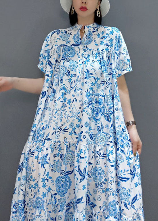 Beautiful Blue wrinkled Chiffon Long Dress Short Sleeve