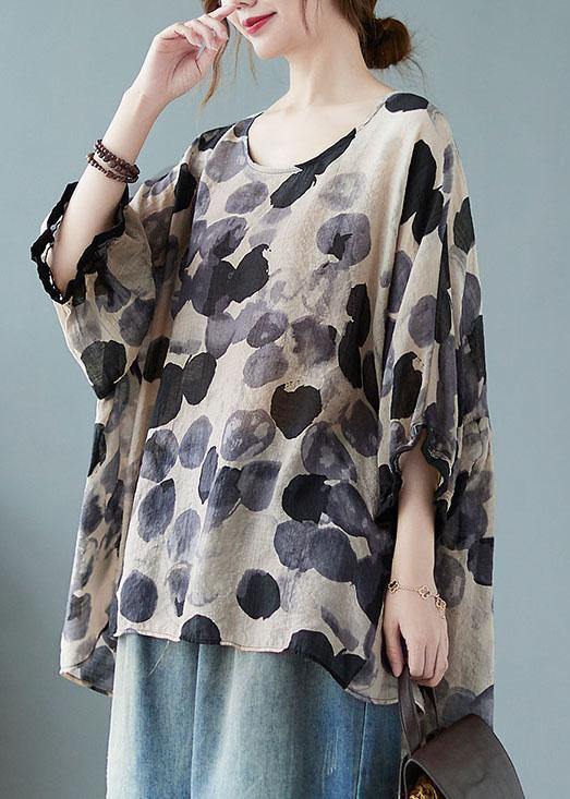 Beautiful Cotton Linen Gray Dotted Top Batwing Sleeve - SooLinen