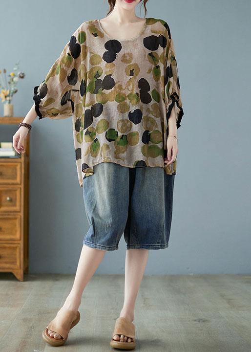 Beautiful Cotton Linen Gray Dotted Top Batwing Sleeve - SooLinen