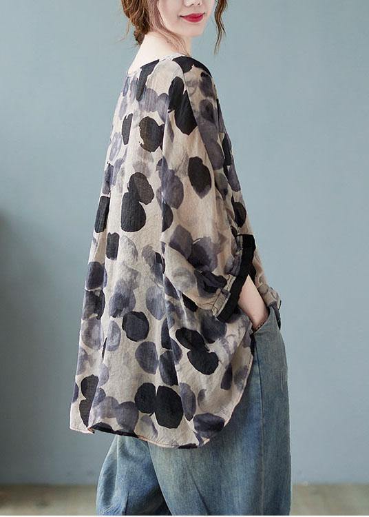 Beautiful Cotton Linen Gray Dotted Top Batwing Sleeve - SooLinen