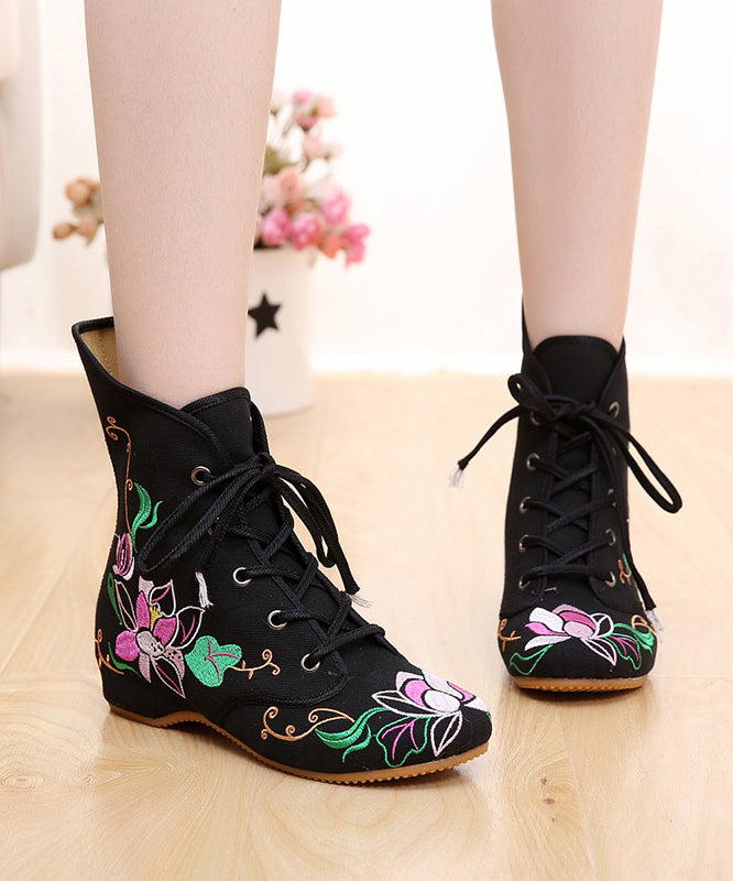 Beautiful Cross Strap Embroideried Ankle boots Black Cotton Fabric