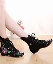 Beautiful Cross Strap Embroideried Ankle boots Black Cotton Fabric