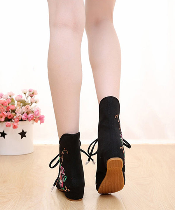 Beautiful Cross Strap Embroideried Ankle boots Black Cotton Fabric