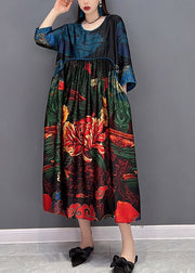 Beautiful Cyan O-Neck Print Silk Dress Three Quarter Sleeve