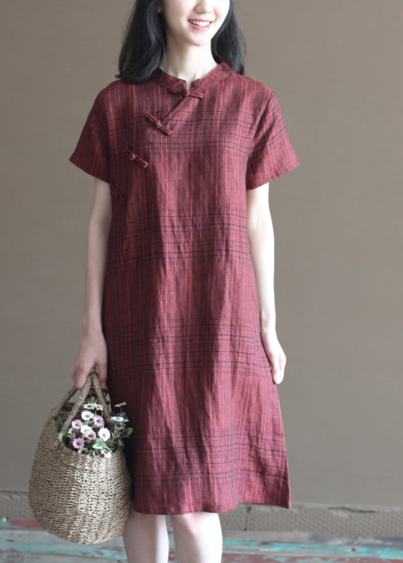 Beautiful Dark Red Plaid Stand Collar Chinese Style Button Linen A Line Dresses Short Sleeve