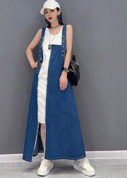 Beautiful Denim Blue Asymmetrical Design Patchwork Cotton Fake Two Piece Strap Dress Summer