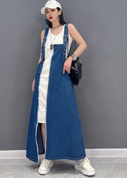 Beautiful Denim Blue Asymmetrical Design Patchwork Cotton Fake Two Piece Strap Dress Summer