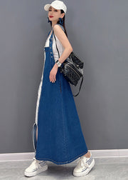 Beautiful Denim Blue Asymmetrical Design Patchwork Cotton Fake Two Piece Strap Dress Summer