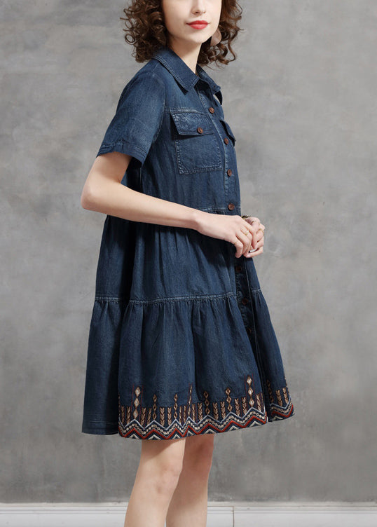 Beautiful Denim Blue Peter Pan Collar Embroideried Cotton Shirt Dress Short Sleeve