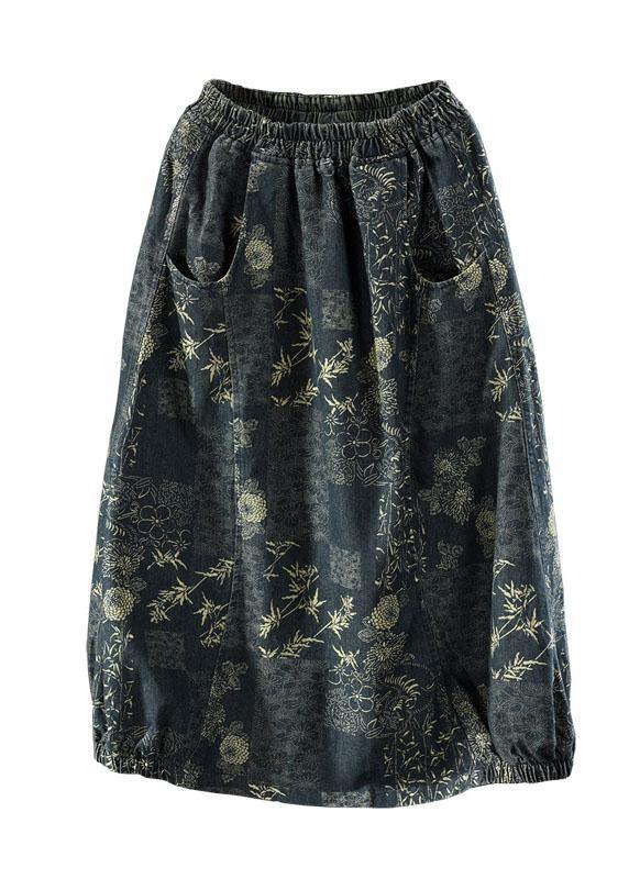 Beautiful Floral Elastic Waist Pockets Denim Skirts - SooLinen