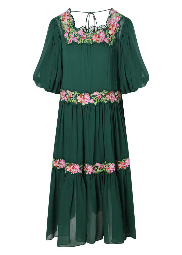 Beautiful Green Embroideried Floral Silk Dress