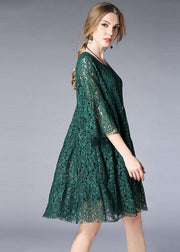 Beautiful Green O-Neck Lace Spring Vacation Dress Half Sleeve - SooLinen