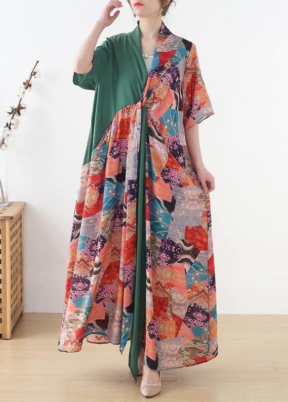 Beautiful Green Patchwork Print Vacation Summer Chiffon Dress - SooLinen