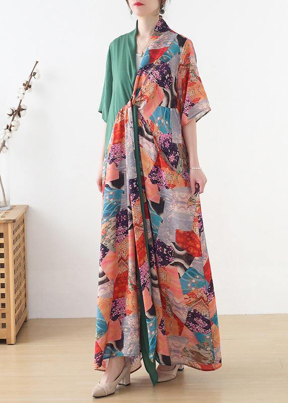 Beautiful Green Patchwork Print Vacation Summer Chiffon Dress - SooLinen