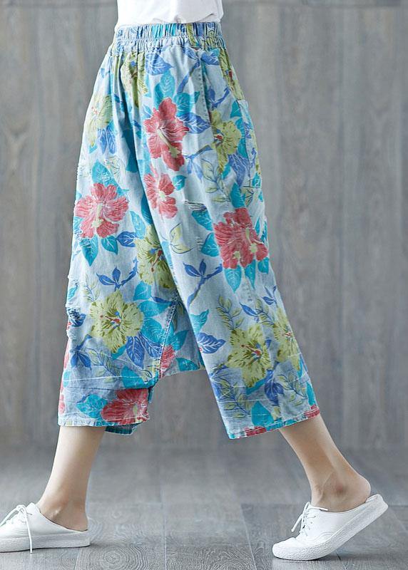 Beautiful Green Pockets Hole Print Fall Floral Pants Cotton - SooLinen