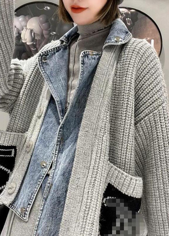 Beautiful Grey Denim Patchwork Pockets Button Fall Sweater Coat