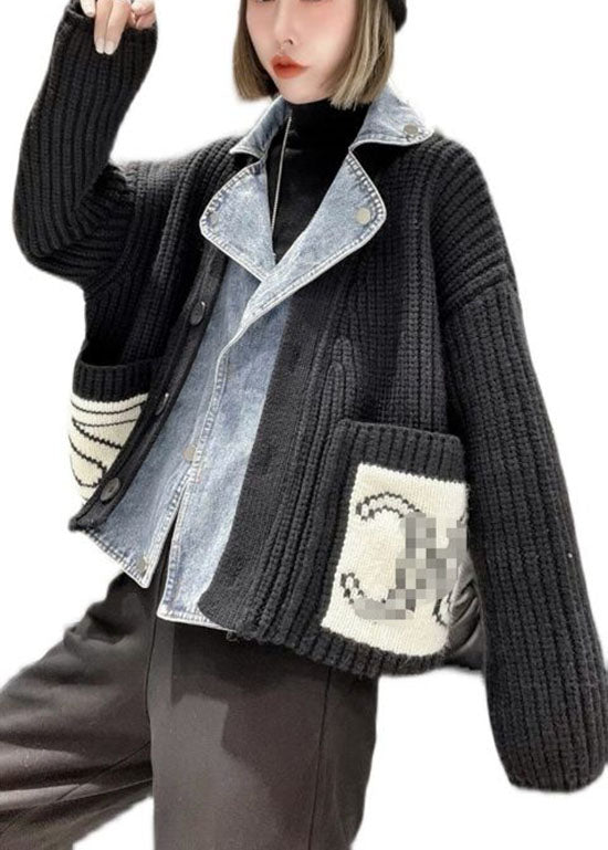 Beautiful Grey Denim Patchwork Pockets Button Fall Sweater Coat