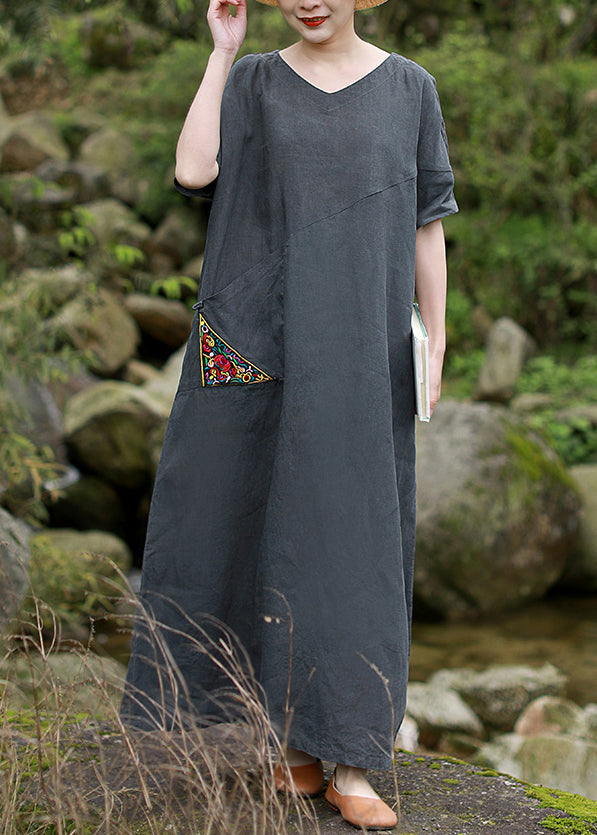 Beautiful Grey Embroideried V Neck Patchwork Linen Dress Short Sleeve