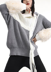 Beautiful Grey Zip Up Patchwork Knit Pullover Spring