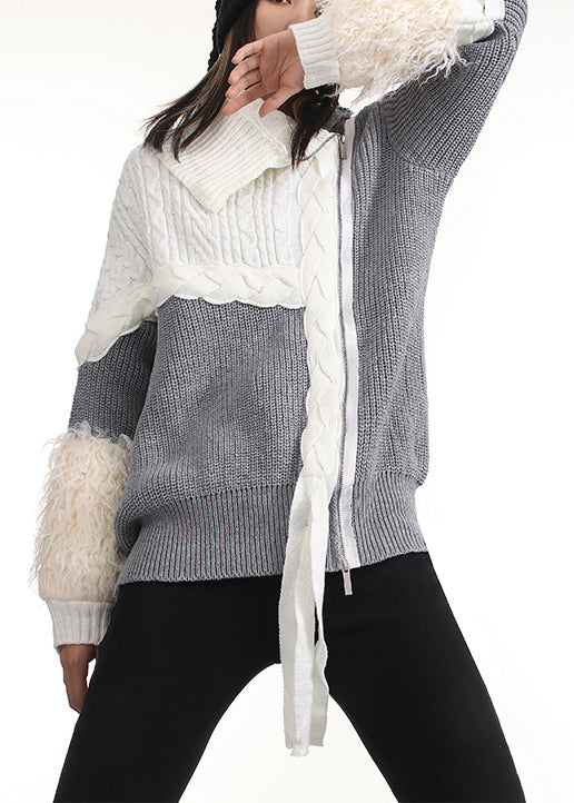 Beautiful Grey Zip Up Patchwork Knit Pullover Spring