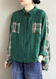 Beautiful Lapel Patchwork Spring Blouse Fabrics Green Plaid Shirts - SooLinen