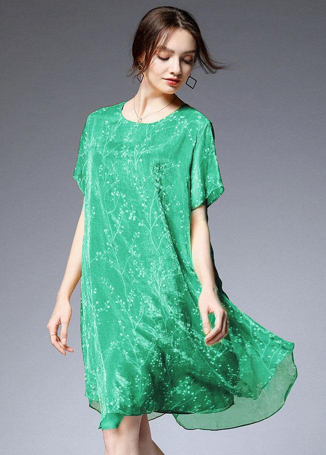 Beautiful Light Green Loose Print Summer Chiffon Dress - SooLinen