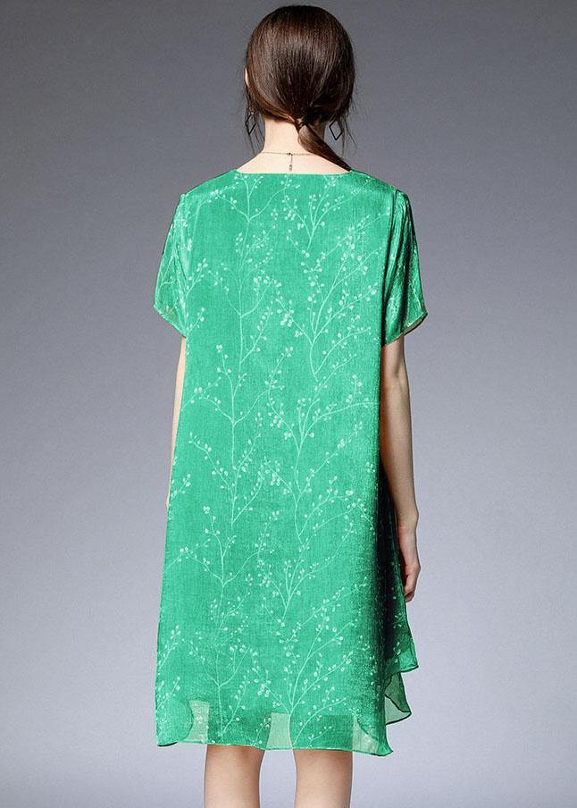 Beautiful Light Green Loose Print Summer Chiffon Dress - SooLinen