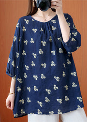 Beautiful Navy O-Neck Print wrinkled Fall Half Sleeve Top