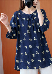 Beautiful Navy O-Neck Print wrinkled Fall Half Sleeve Top