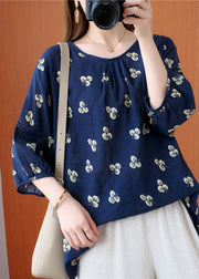 Beautiful Navy O-Neck Print wrinkled Fall Half Sleeve Top