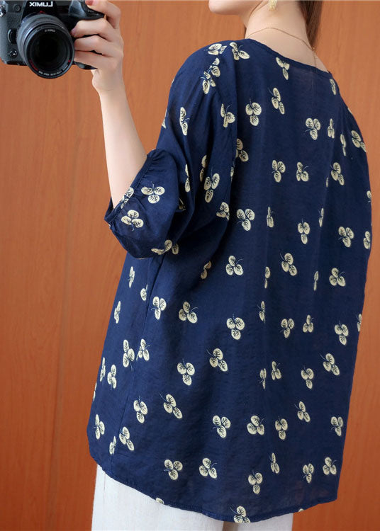 Beautiful Navy O-Neck Print wrinkled Fall Half Sleeve Top