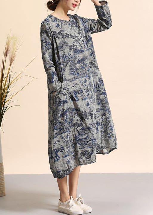 Beautiful Navy Print Quilting Dresses O Neck Pockets Maxi Dresses - SooLinen