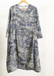 Beautiful Navy Print Quilting Dresses O Neck Pockets Maxi Dresses - SooLinen