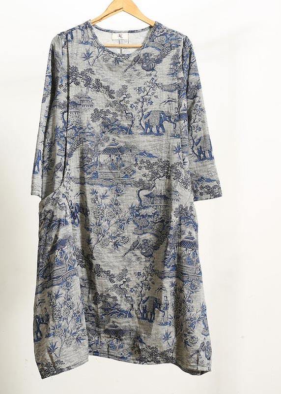 Beautiful Navy Print Quilting Dresses O Neck Pockets Maxi Dresses - SooLinen